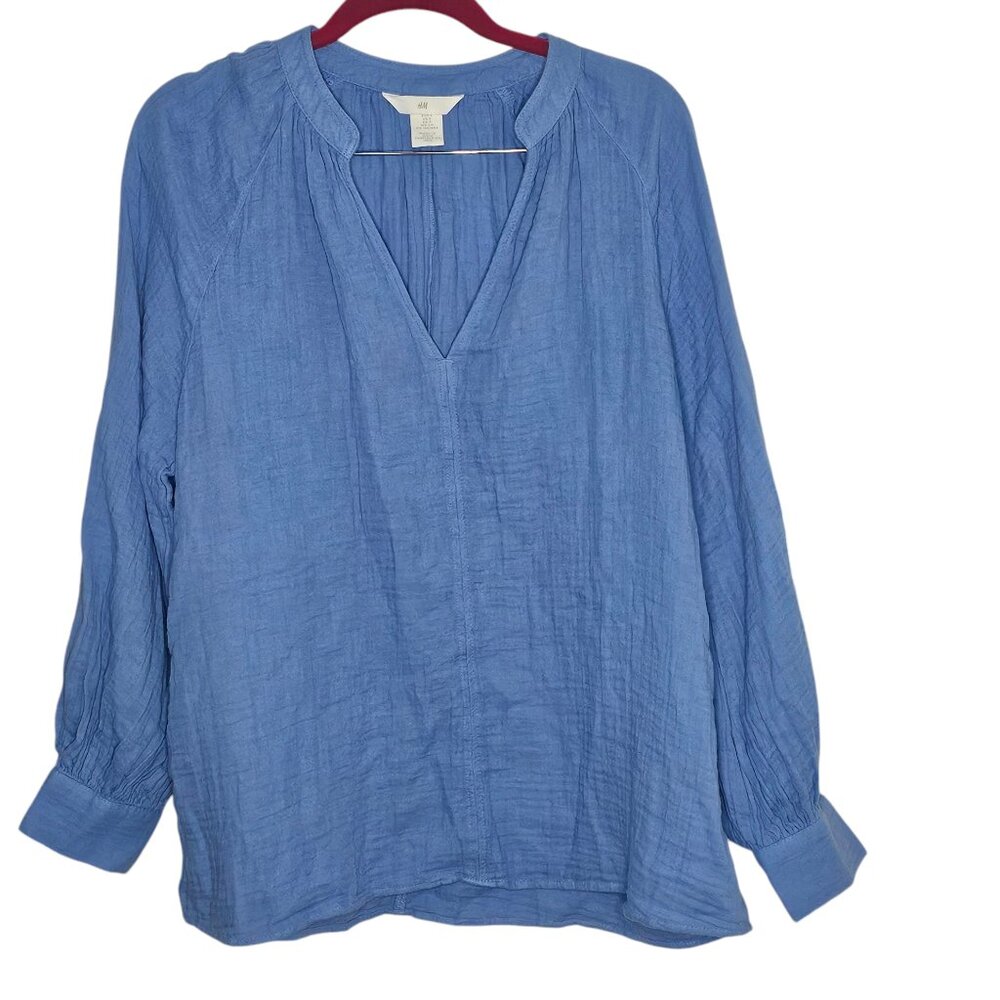 H&M Double Weave Flowy Summer Cotton V Neck Blue Coastal Blouse Size Small